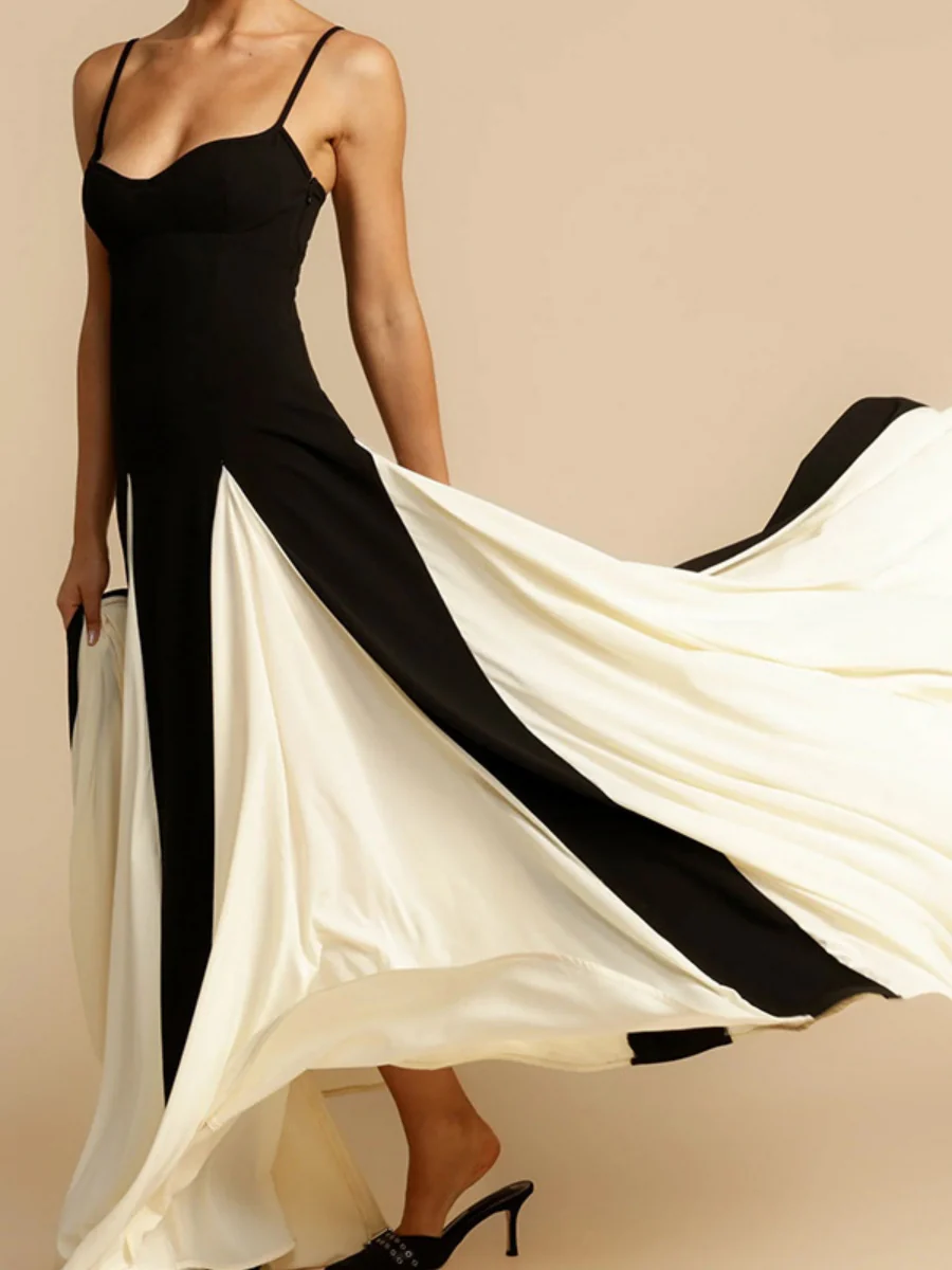 Black And White Color-blocked Long Slip Dress - Image 5