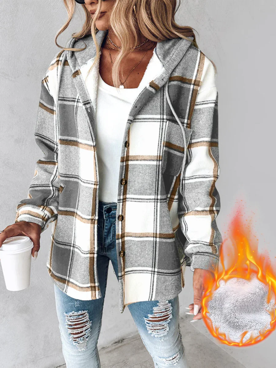 Plaid Long Sleeve Plush Hooded Jackets - Image 11