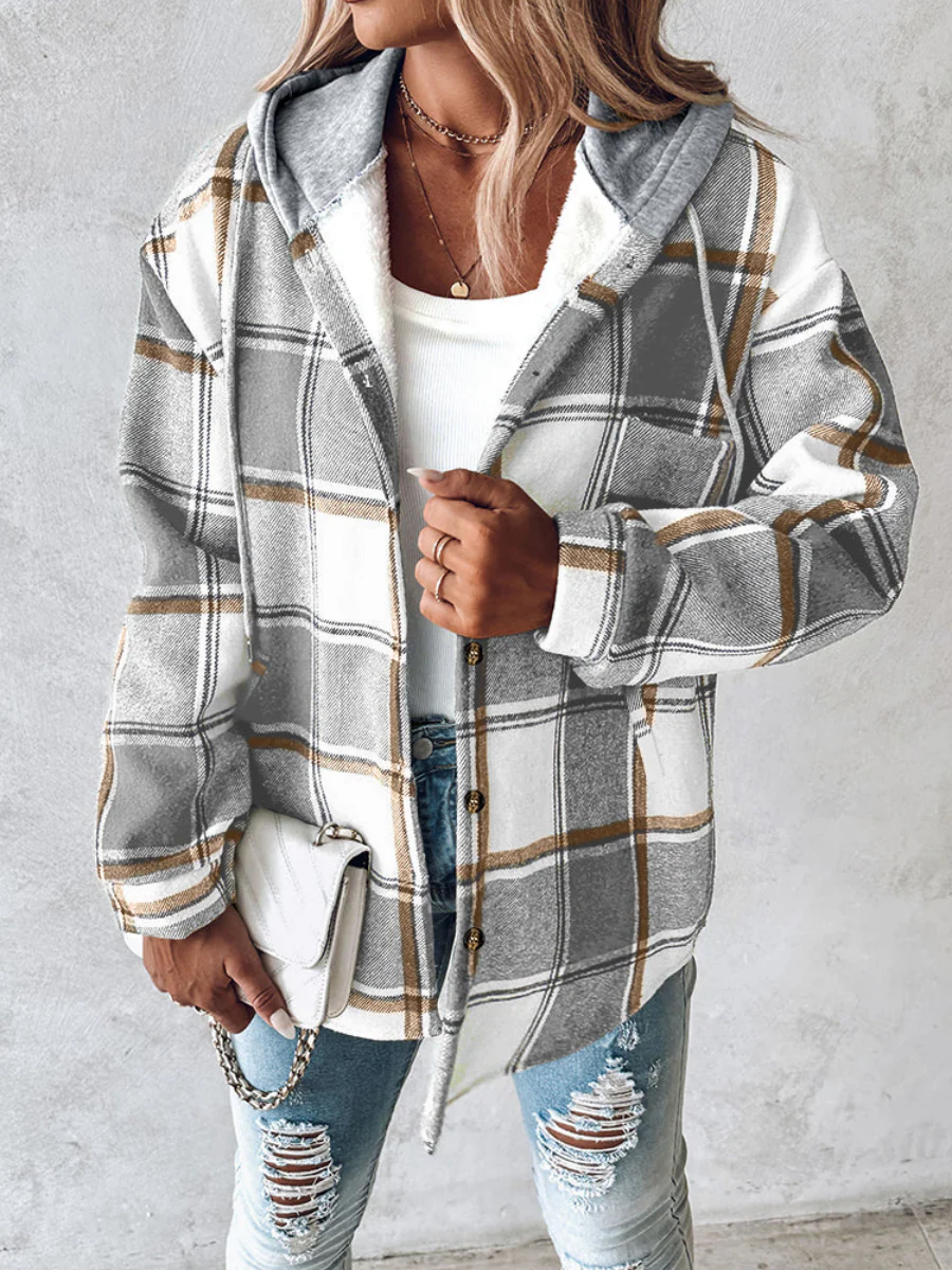 Plaid Long Sleeve Plush Hooded Jackets - Image 13