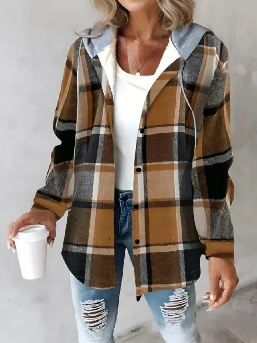 Plaid Long Sleeve Plush Hooded Jackets - Image 14