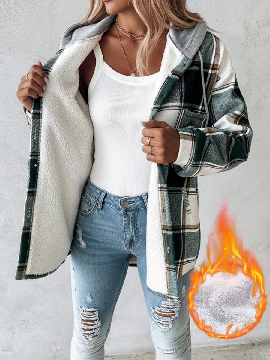 Plaid Long Sleeve Plush Hooded Jackets - Image 2