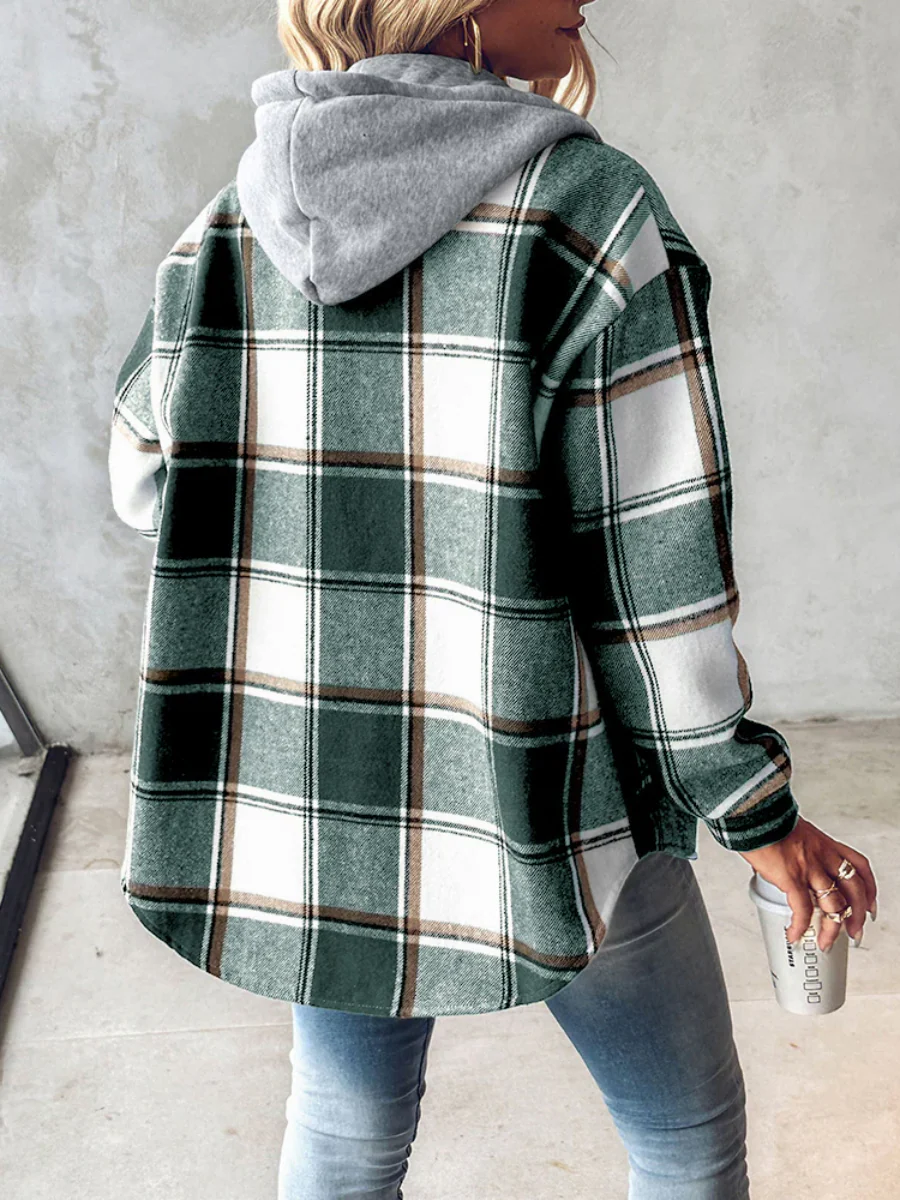 Plaid Long Sleeve Plush Hooded Jackets - Image 3