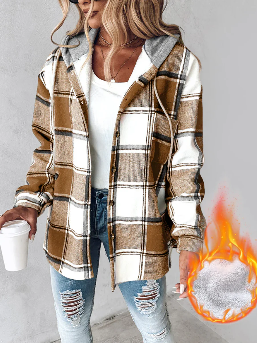 Plaid Long Sleeve Plush Hooded Jackets - Image 4