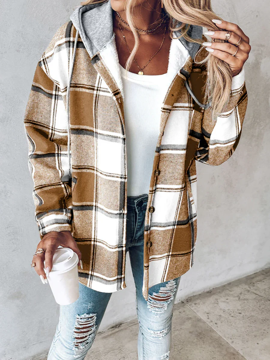 Plaid Long Sleeve Plush Hooded Jackets - Image 5