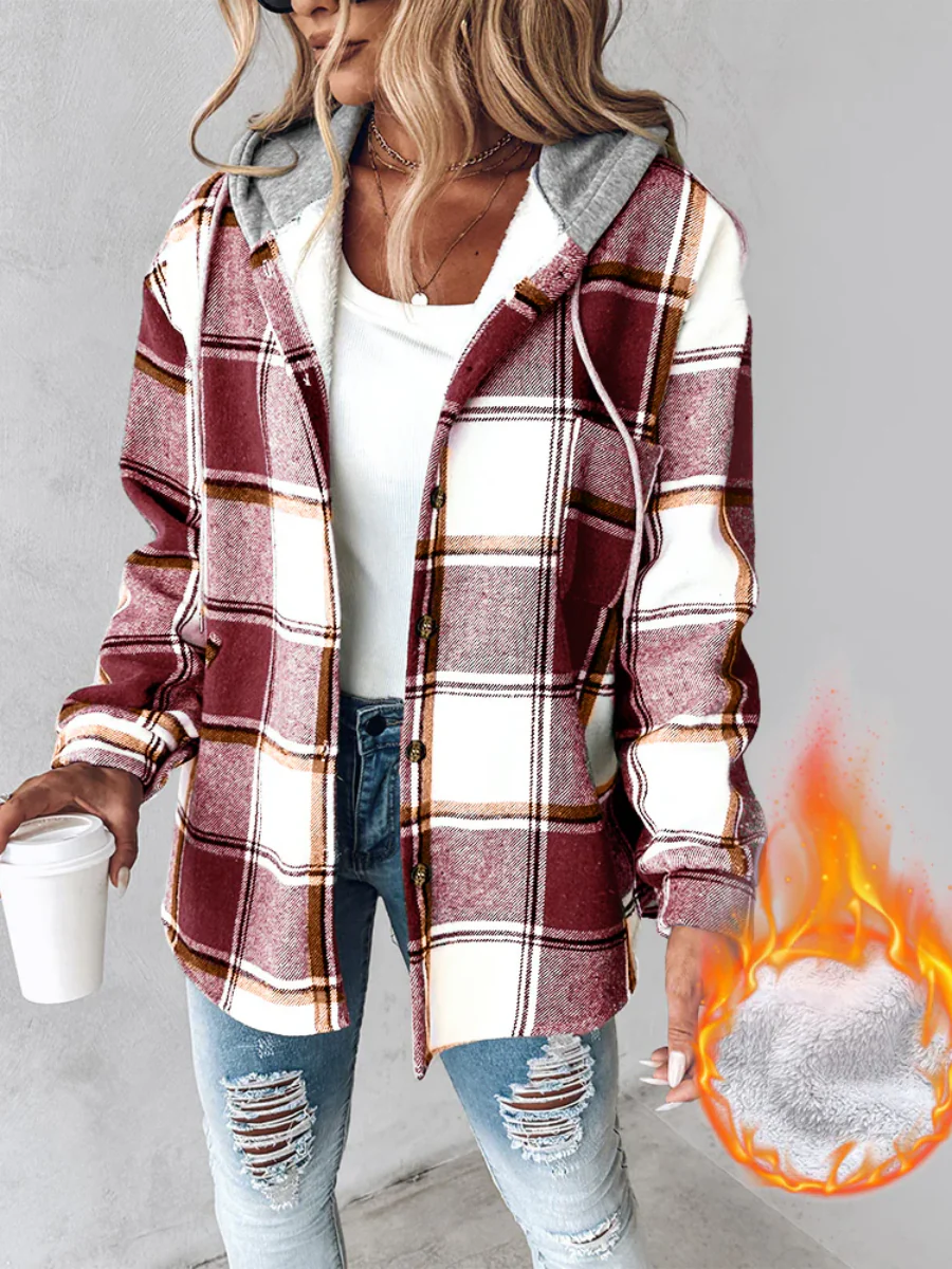 Plaid Long Sleeve Plush Hooded Jackets - Image 7