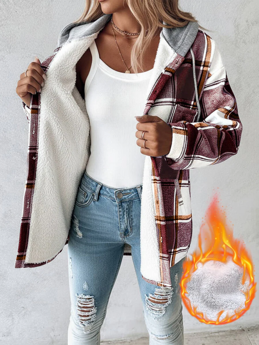 Plaid Long Sleeve Plush Hooded Jackets - Image 8