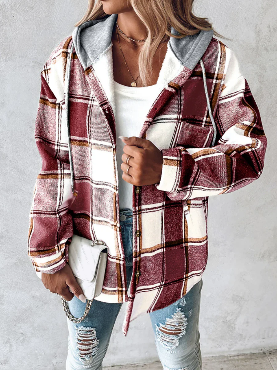 Plaid Long Sleeve Plush Hooded Jackets - Image 9