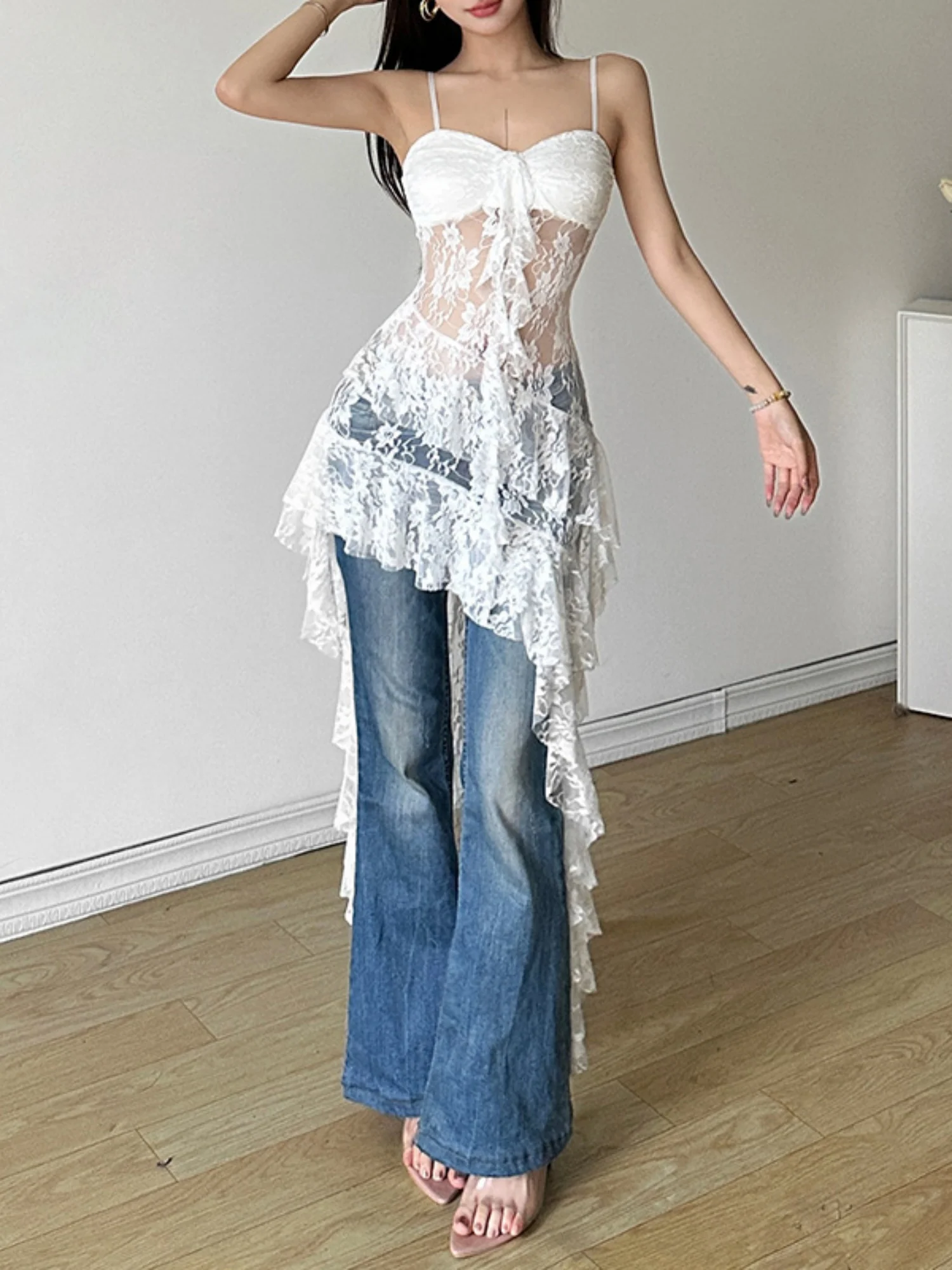 Lace See-through Ruffle Irregular Hem Camisoles Mini&Short Dresses - Image 3