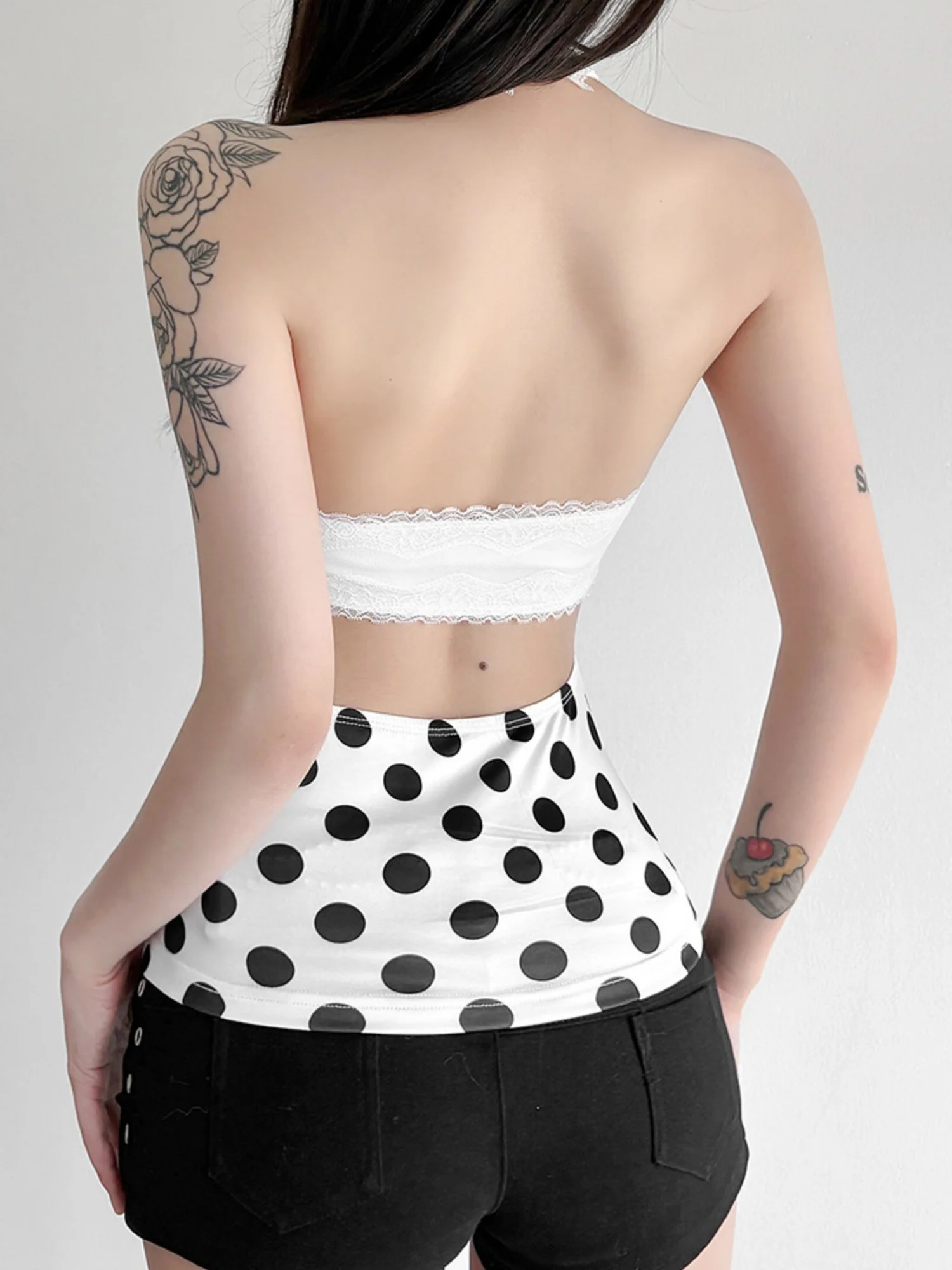 Polka Dots Halter Neck Waist Shaping Lace Patchwork Trim Tank Tops&Camis - Image 2