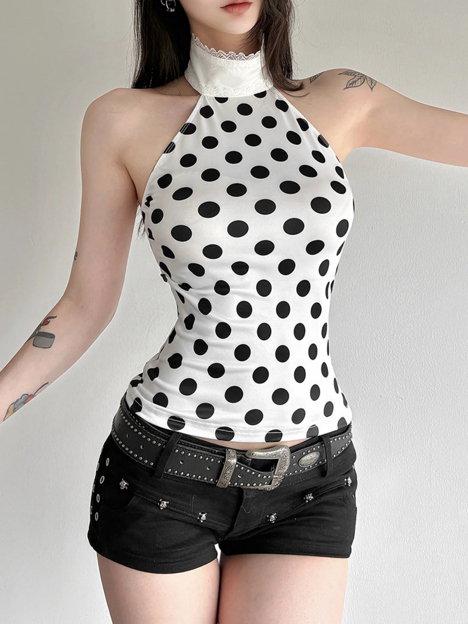 Polka Dots Halter Neck Waist Shaping Lace Patchwork Trim Tank Tops&Camis - Image 4