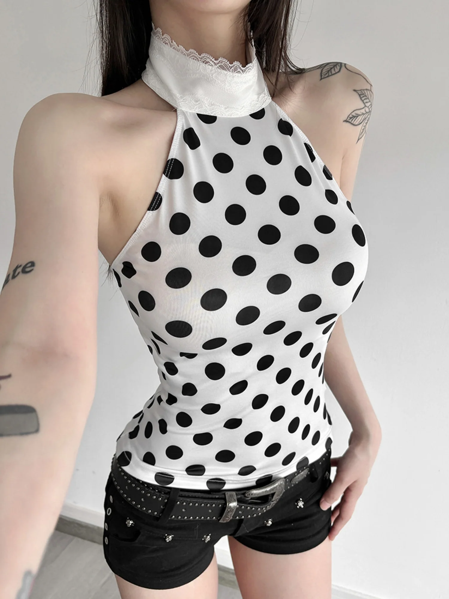 Polka Dots Halter Neck Waist Shaping Lace Patchwork Trim Tank Tops&Camis - Image 5