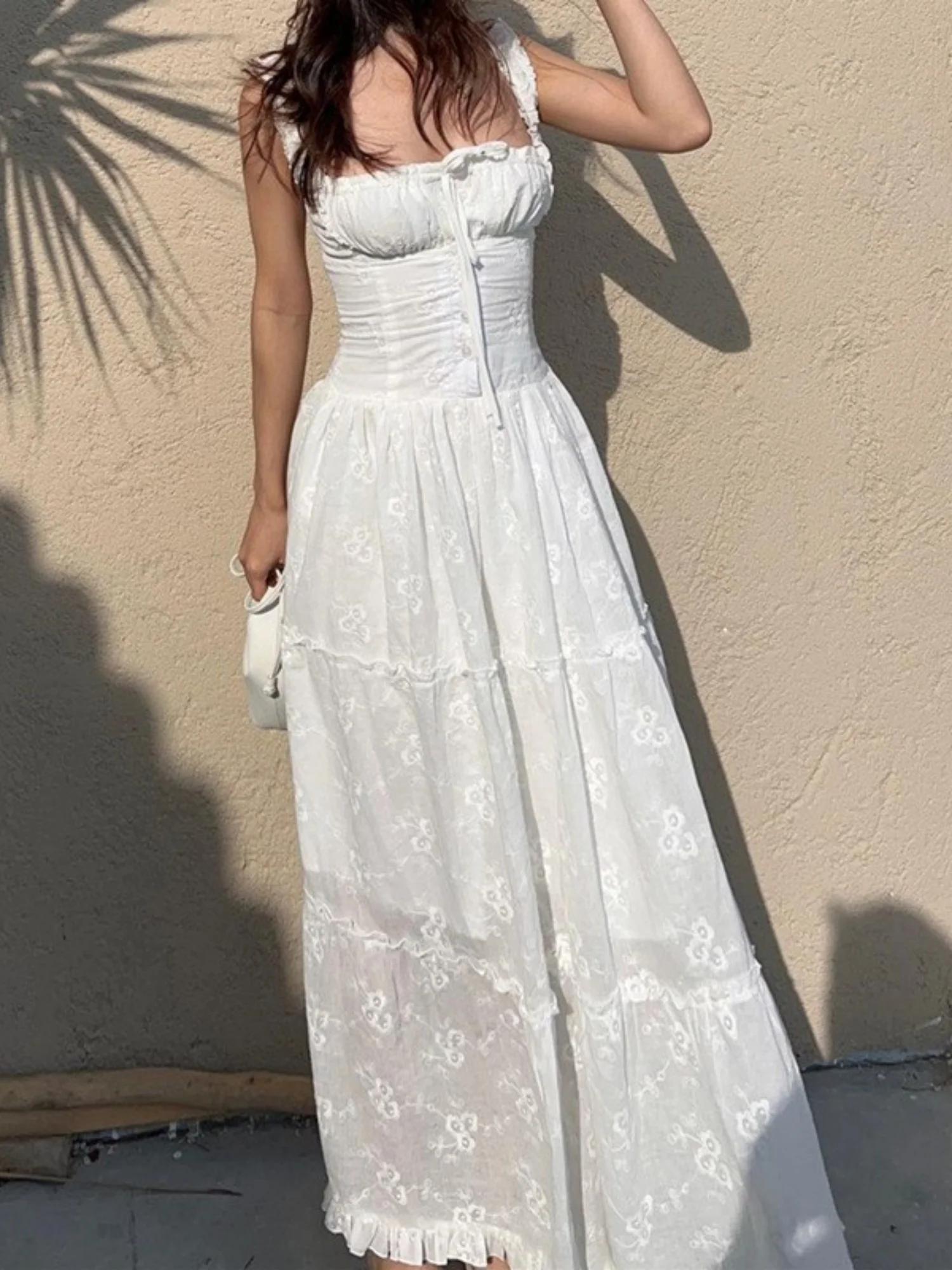 Lace Jacquard Square Neck Suspenders Sweet Tie Maxi Dresses - Image 2