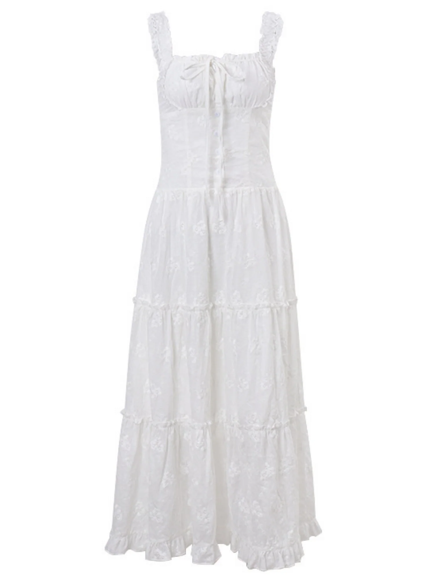 Lace Jacquard Square Neck Suspenders Sweet Tie Maxi Dresses - Image 5