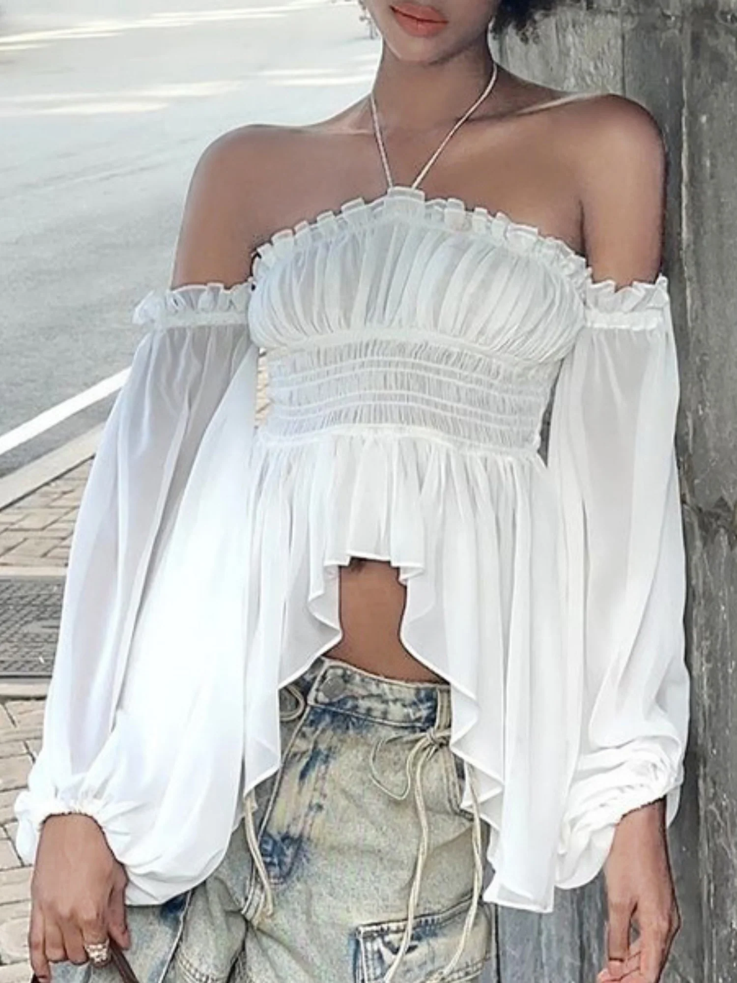 Ruffle Pleated Mesh See-through Off-shoulder Lantern Long Sleeves Neckband T-shirts - Image 2