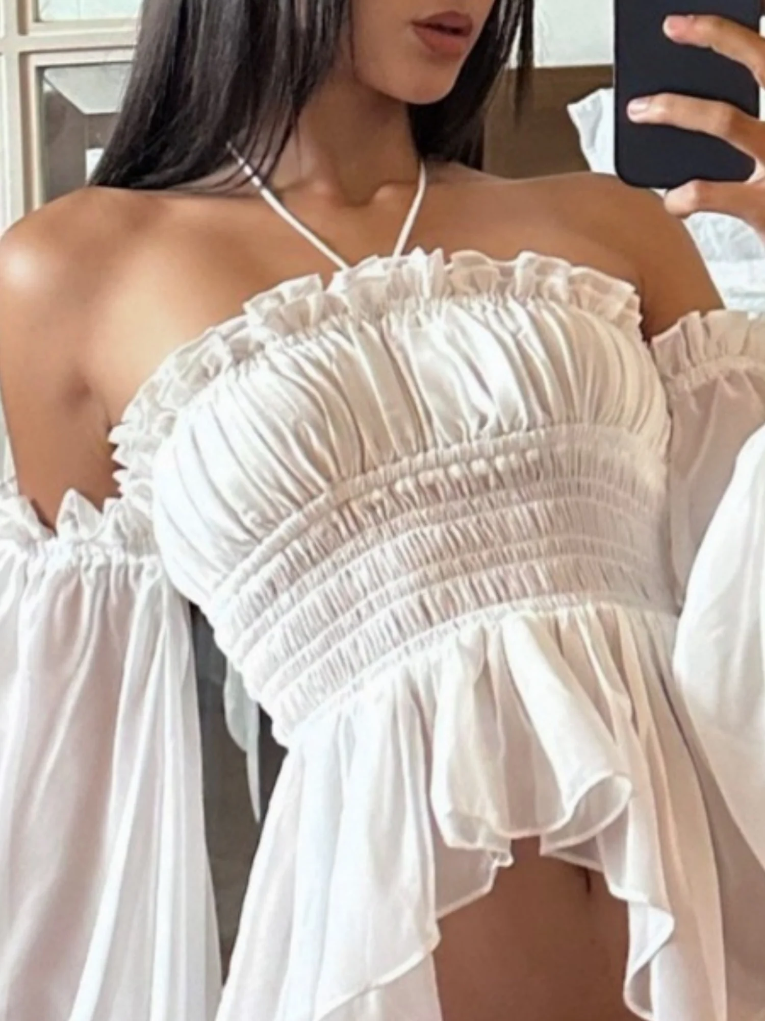 Ruffle Pleated Mesh See-through Off-shoulder Lantern Long Sleeves Neckband T-shirts - Image 4