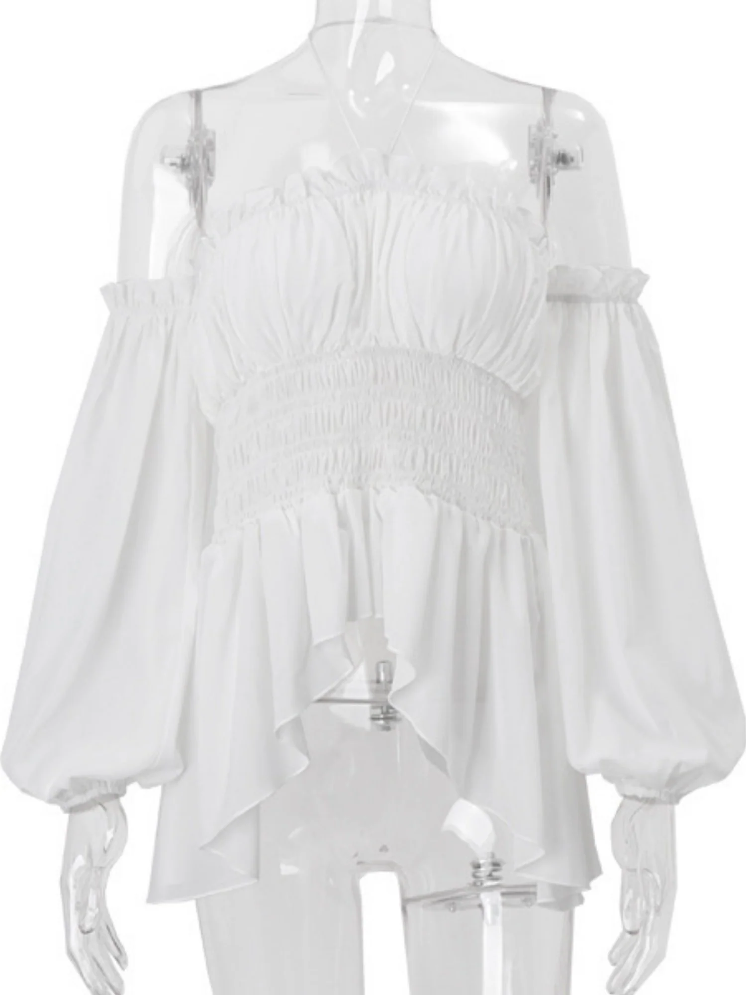 Ruffle Pleated Mesh See-through Off-shoulder Lantern Long Sleeves Neckband T-shirts - Image 6