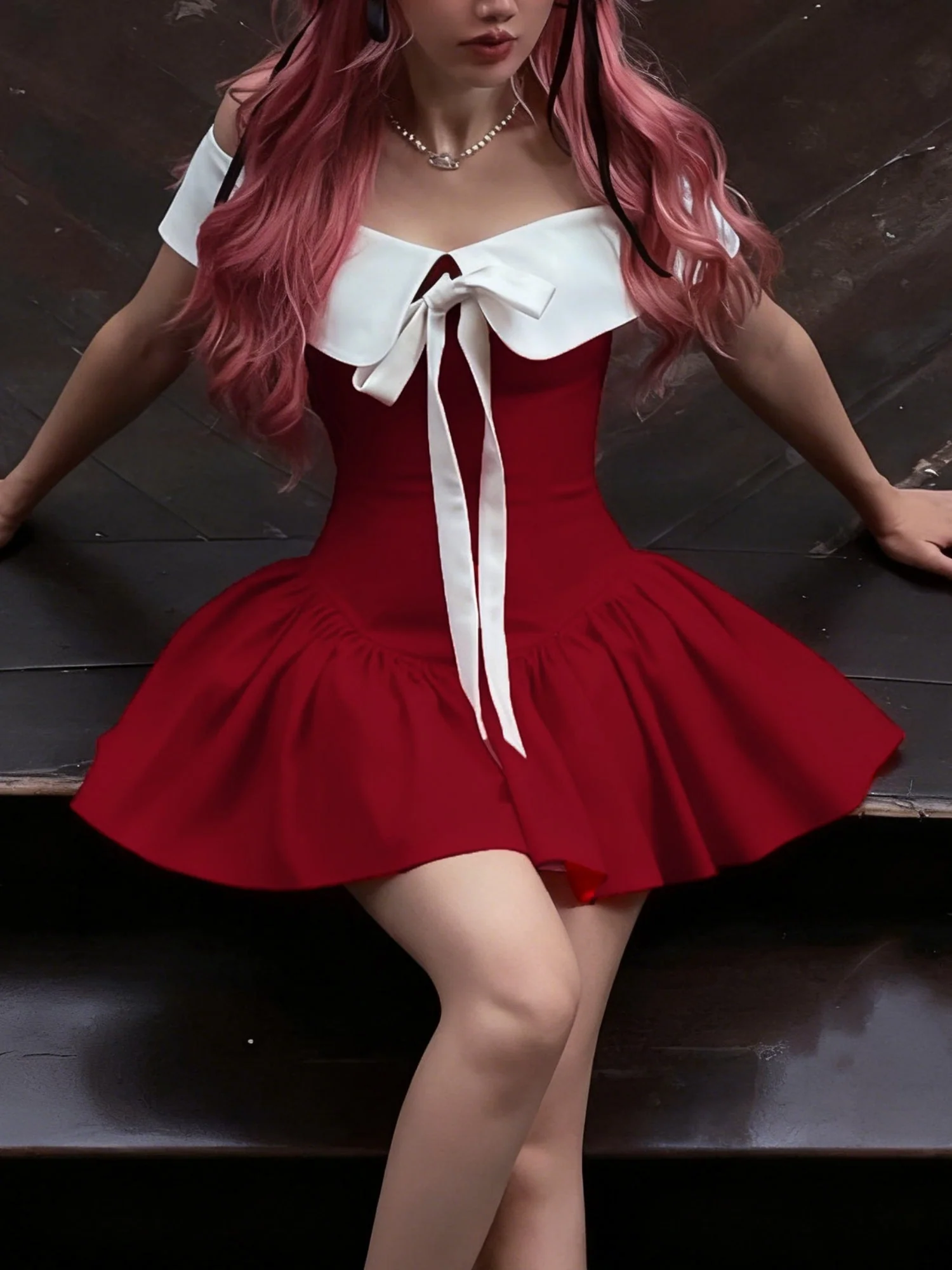 Off-shoulder Bow Waist Tie Short Sleeves Mini&Short Dresses - Image 8