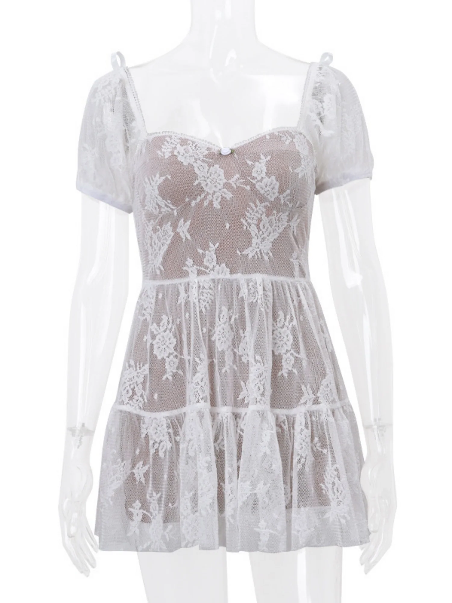 Floral Mesh Square Neck, Fitted Waist, Puff Sleeves Sweet Mini&Short Dresses - Image 4