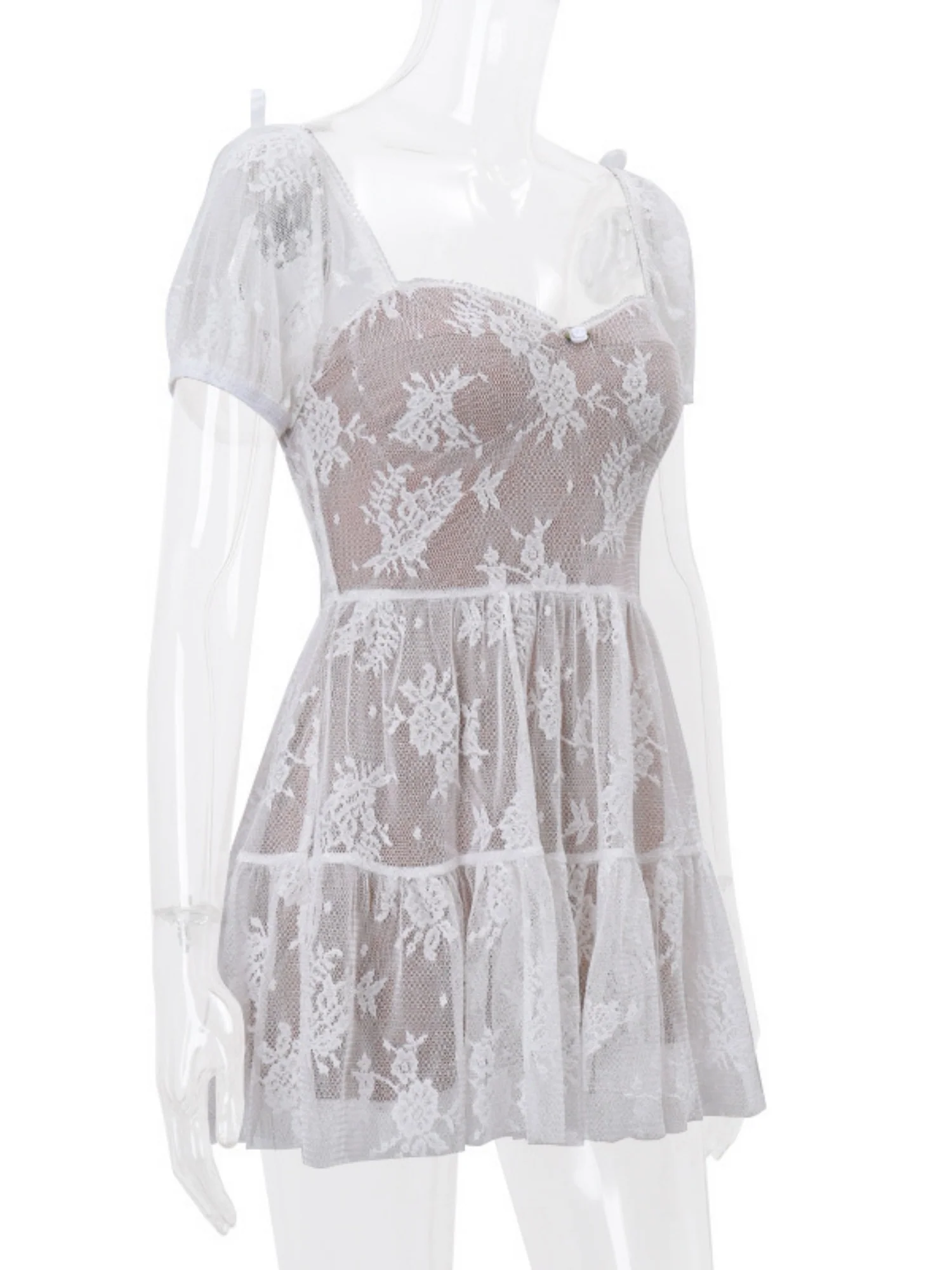 Floral Mesh Square Neck, Fitted Waist, Puff Sleeves Sweet Mini&Short Dresses - Image 5
