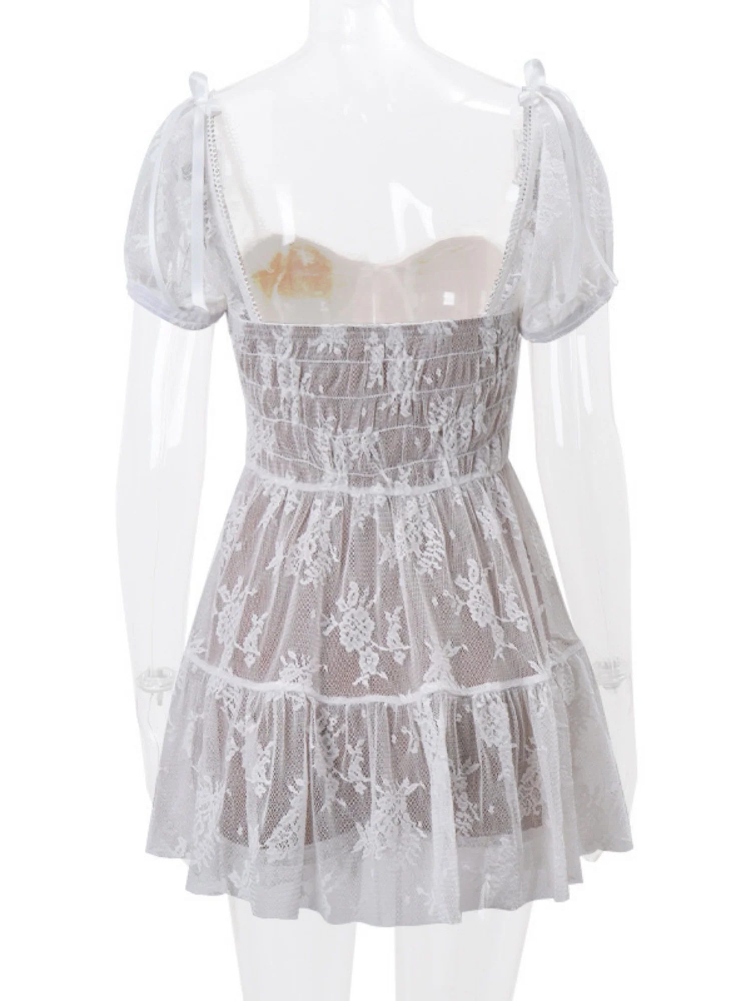 Floral Mesh Square Neck, Fitted Waist, Puff Sleeves Sweet Mini&Short Dresses - Image 6