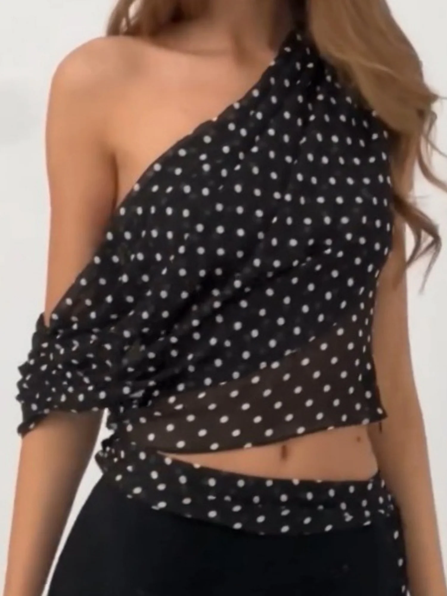 Polka Dots Sloping Shoulders Chiffon Sheer Irregular Tank Tops&Camis - Image 2