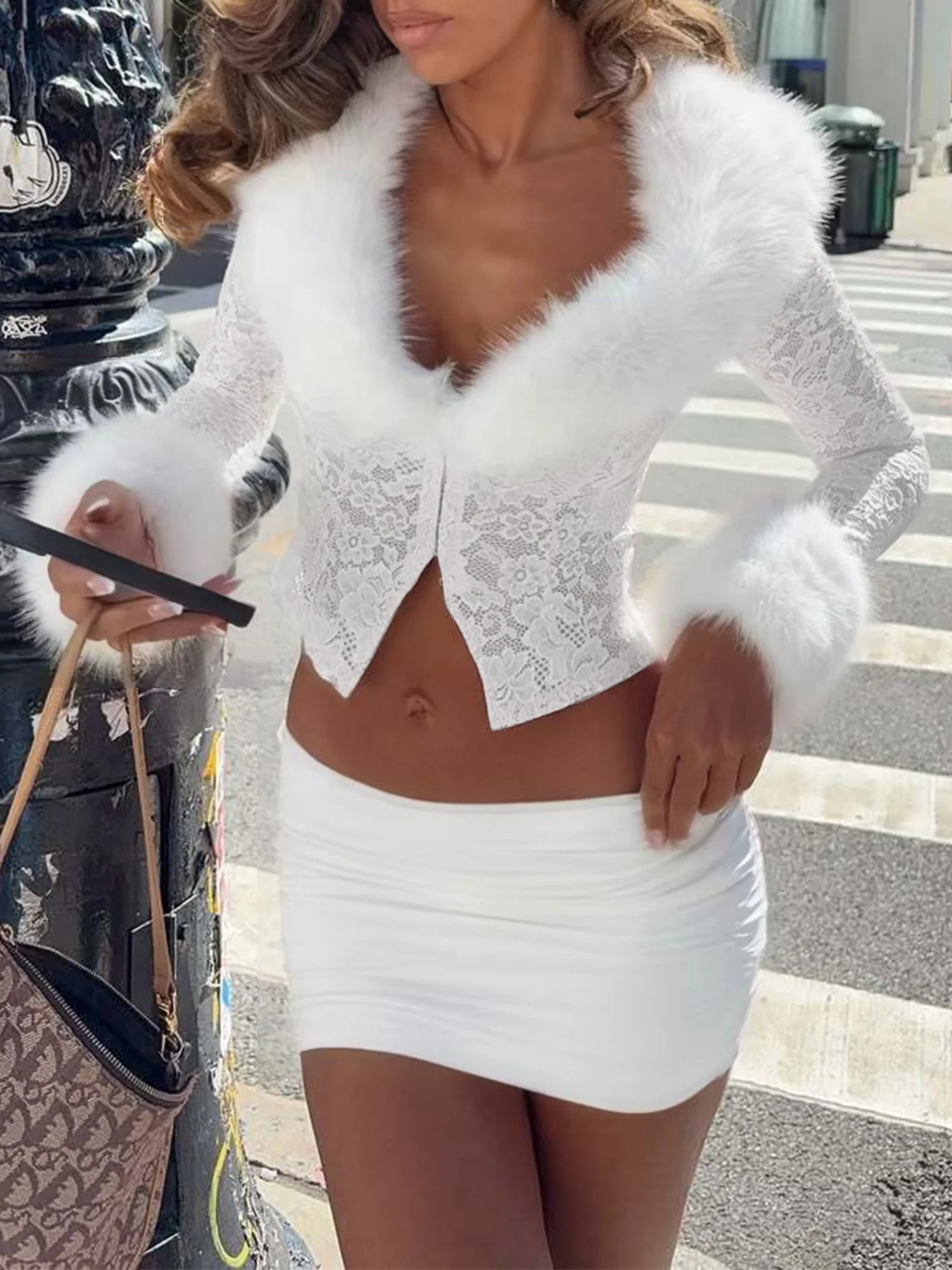 Lace Plush Long-sleeved Top And Short Skirt 2-piece Sets - Image 4