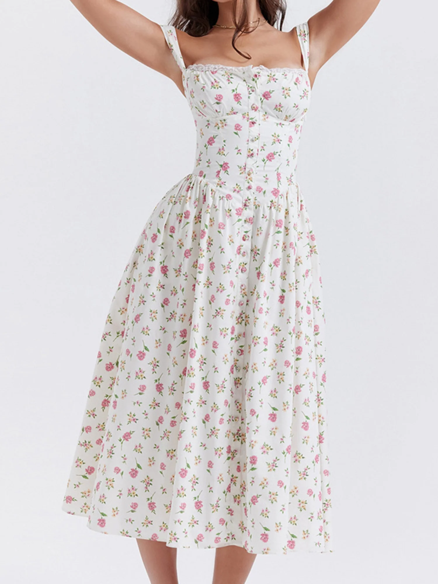 Floral Lace Trim Square Neck Suspenders Sweet Ribbon Maxi Dresses