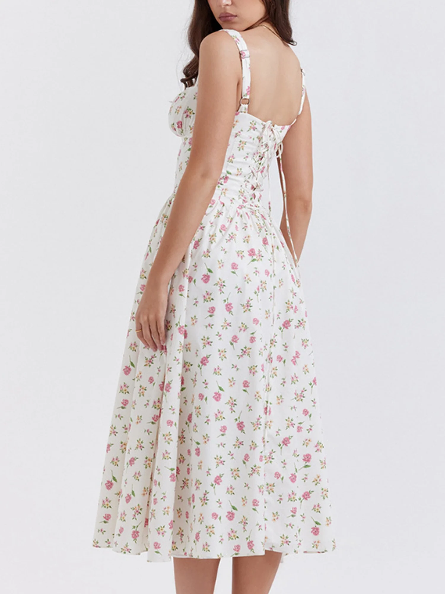 Floral Lace Trim Square Neck Suspenders Sweet Ribbon Maxi Dresses - Image 2