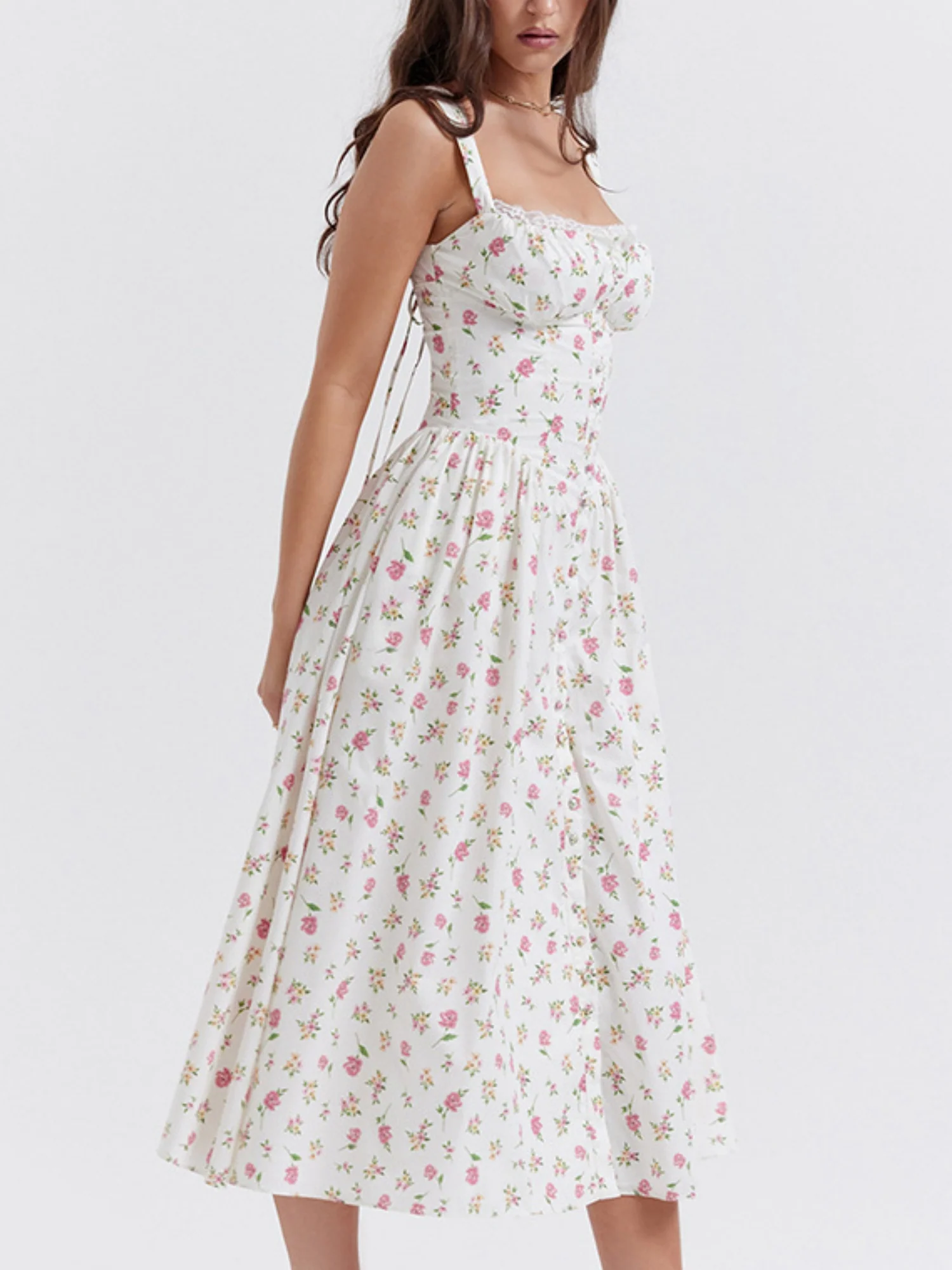 Floral Lace Trim Square Neck Suspenders Sweet Ribbon Maxi Dresses - Image 3