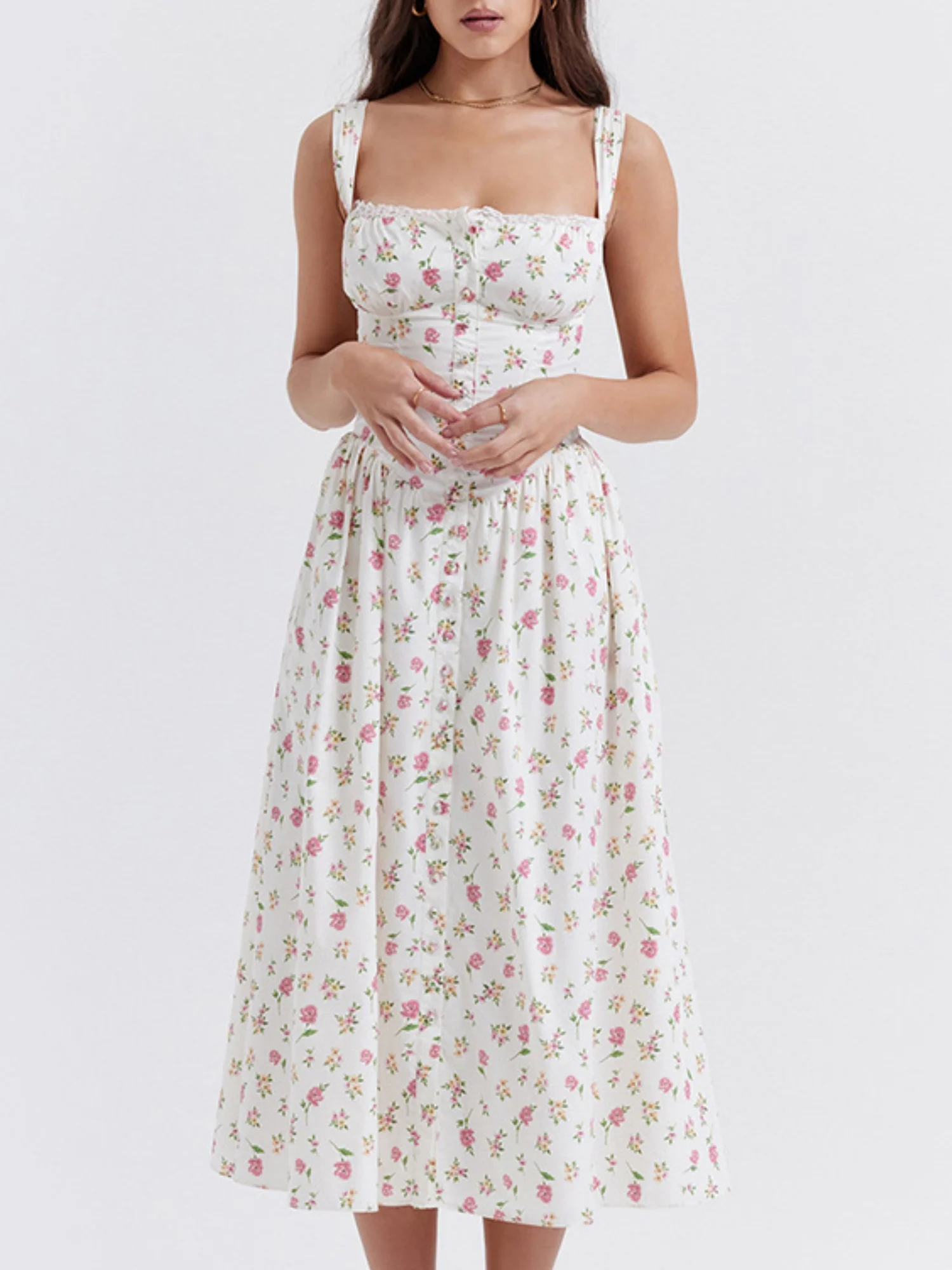 Floral Lace Trim Square Neck Suspenders Sweet Ribbon Maxi Dresses - Image 4