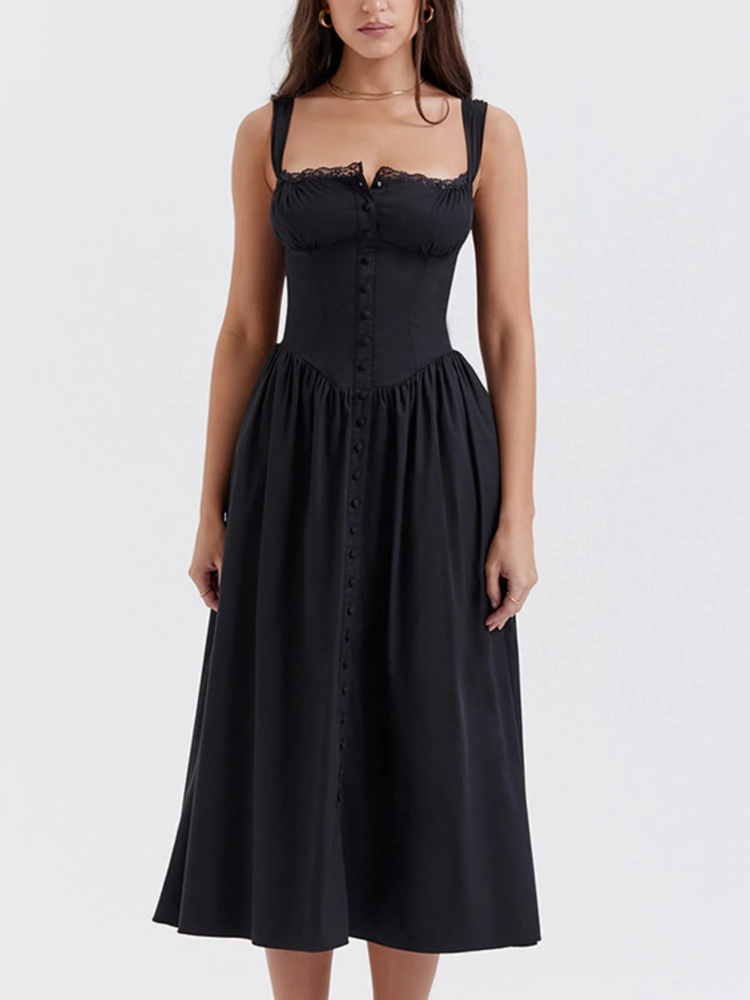 Floral Lace Trim Square Neck Suspenders Sweet Ribbon Maxi Dresses - Image 6
