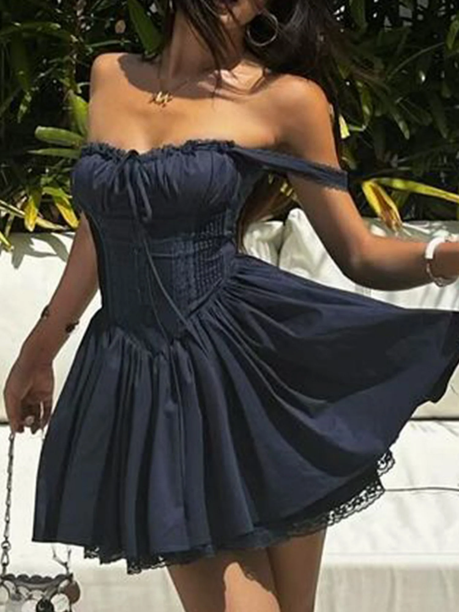 Lace Patchwork Waist-cinching And Backless Spaghetti Strap Short Dress - Image 10