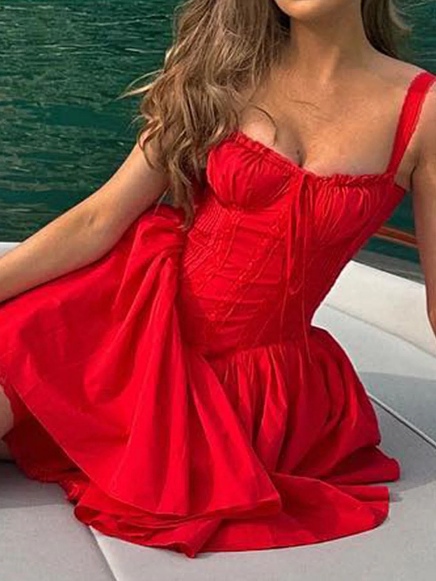 Lace Patchwork Waist-cinching And Backless Spaghetti Strap Short Dress - Image 5