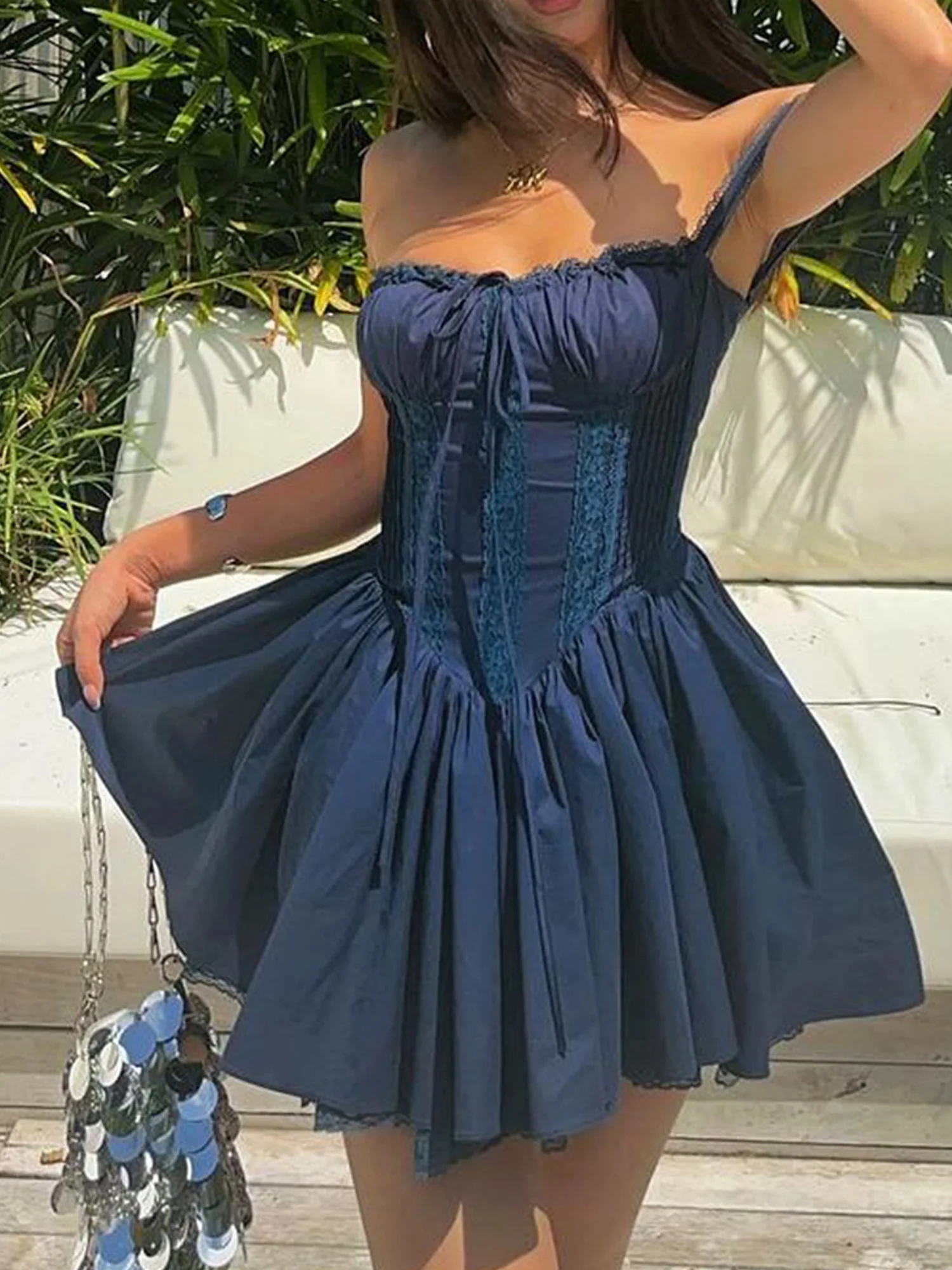 Lace Patchwork Waist-cinching And Backless Spaghetti Strap Short Dress - Image 9