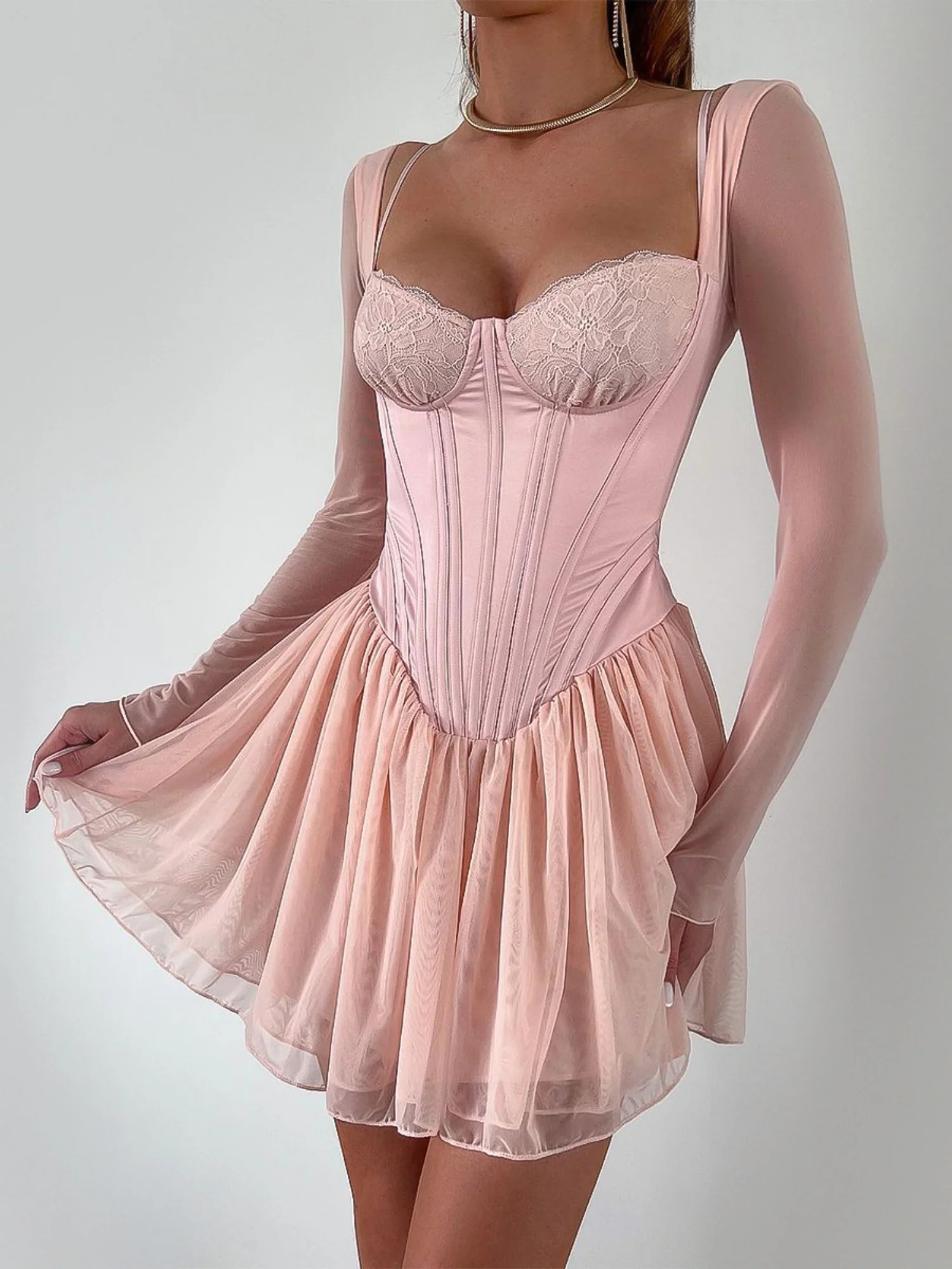 Mesh Lace Patchwork Fish Bones Waist-cinching And Backless Mini&Short Dresses