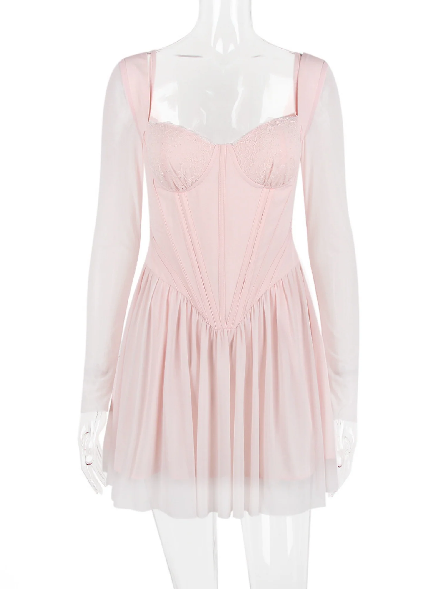 Mesh Lace Patchwork Fish Bones Waist-cinching And Backless Mini&Short Dresses - Image 3