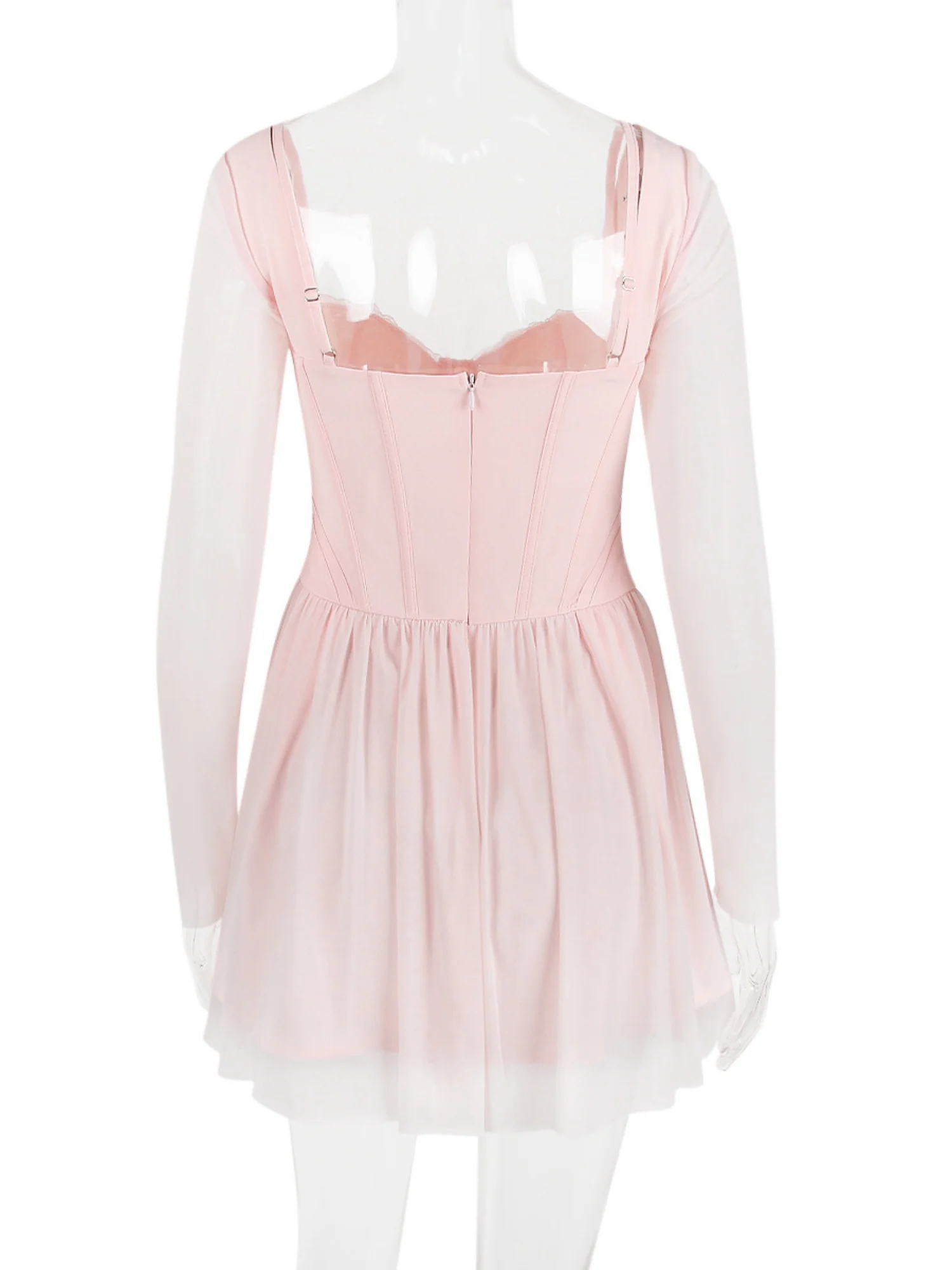 Mesh Lace Patchwork Fish Bones Waist-cinching And Backless Mini&Short Dresses - Image 4