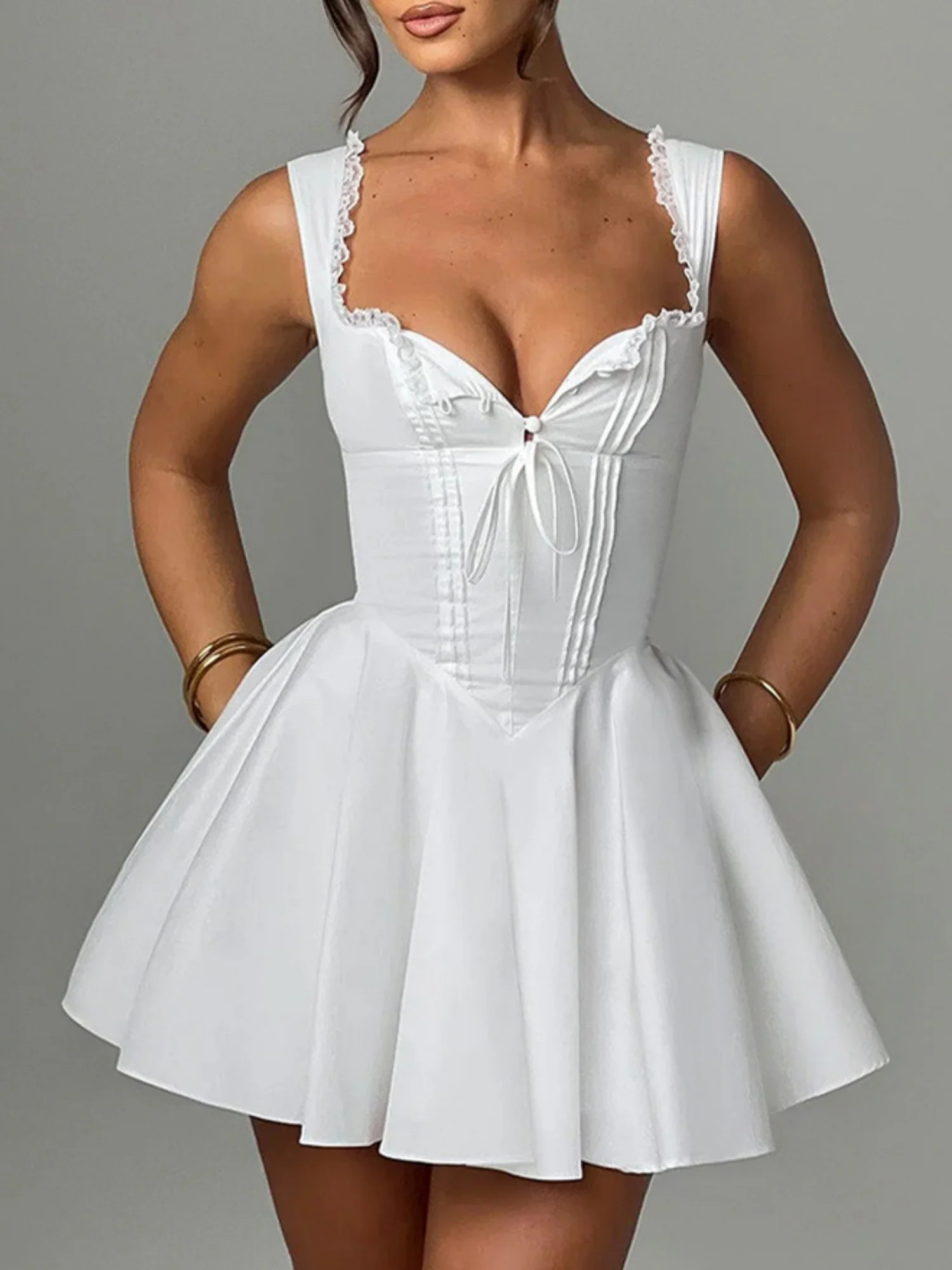 Lace Patchwork Strappy Slip Dress Waist-cinching And Backless Mini&Short Dresses - Image 4