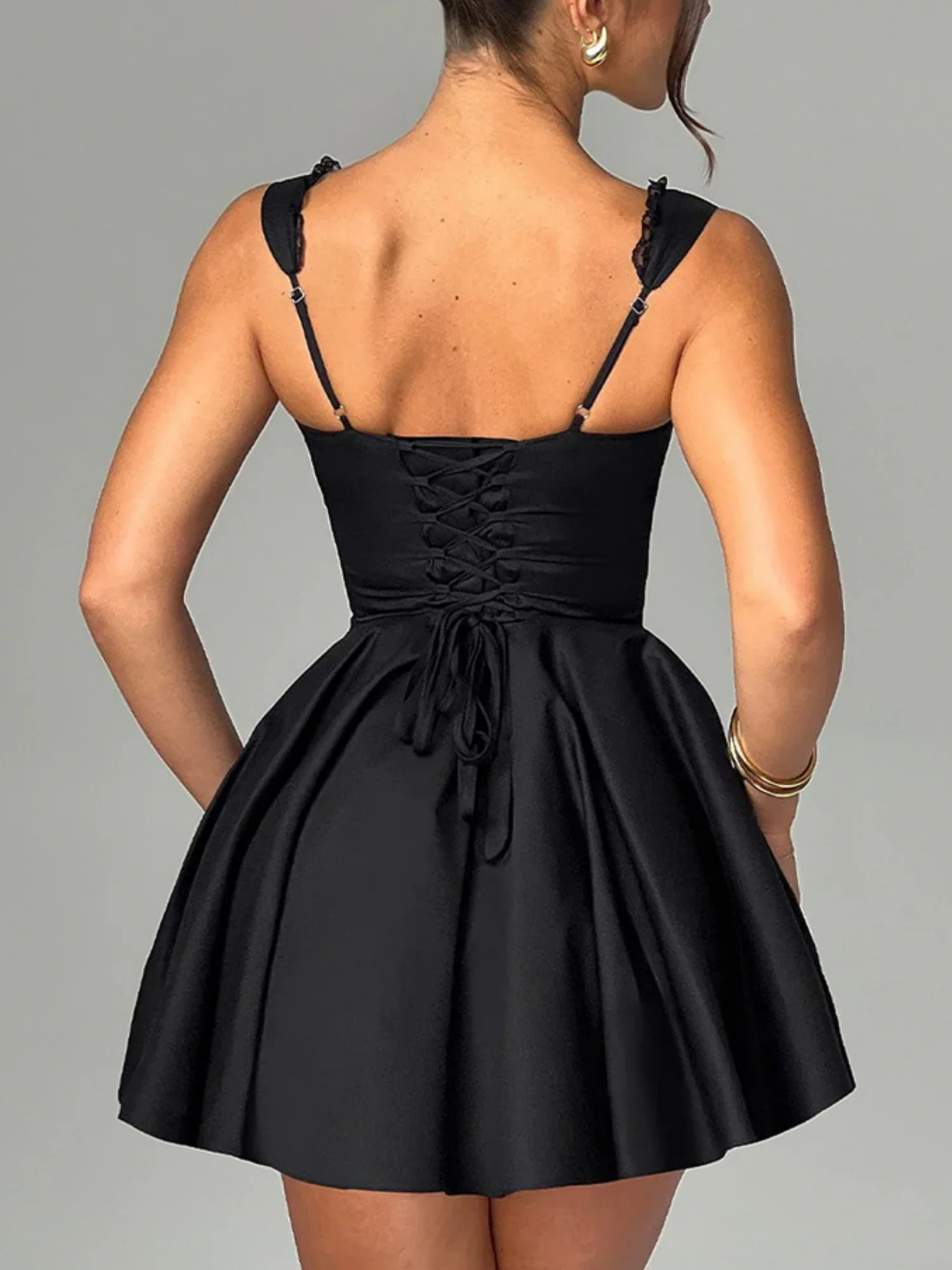 Lace Patchwork Strappy Slip Dress Waist-cinching And Backless Mini&Short Dresses - Image 8