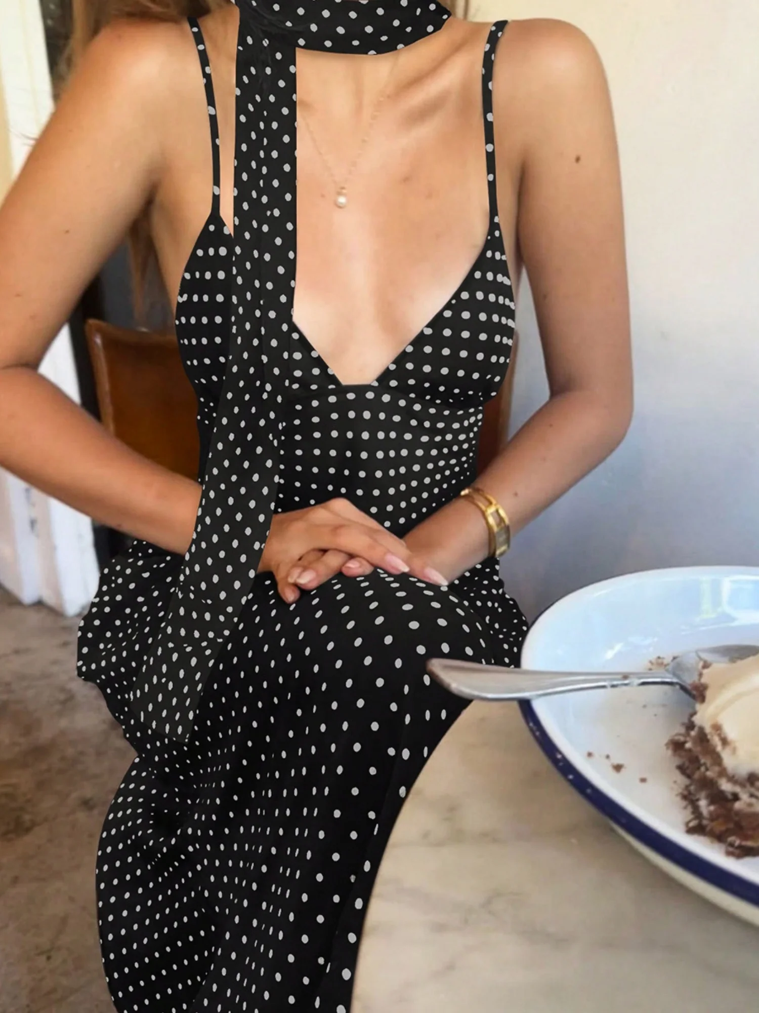 Polka Dots Spaghetti Strap Backless Bodycon Slimming Maxi Dresses - Image 3