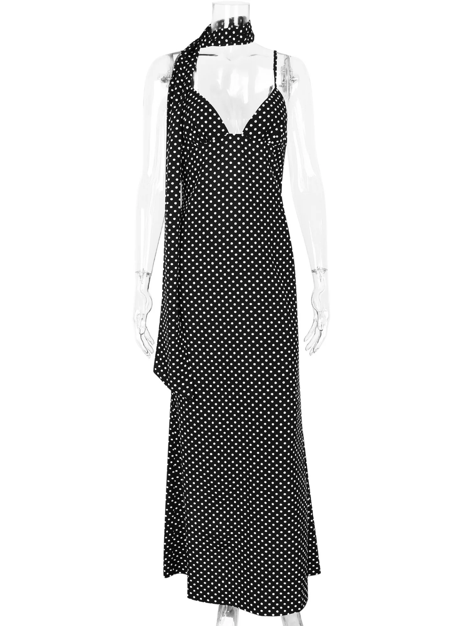 Polka Dots Spaghetti Strap Backless Bodycon Slimming Maxi Dresses - Image 6