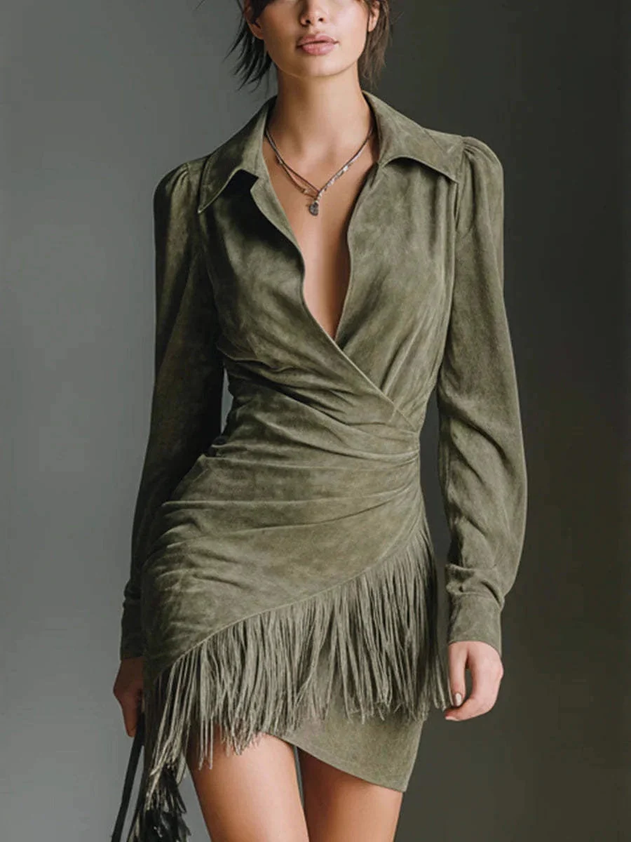 Western Cowboy Style Suede Tassel Slim-fit Long Sleeve Mini&Short Dresses - Image 2