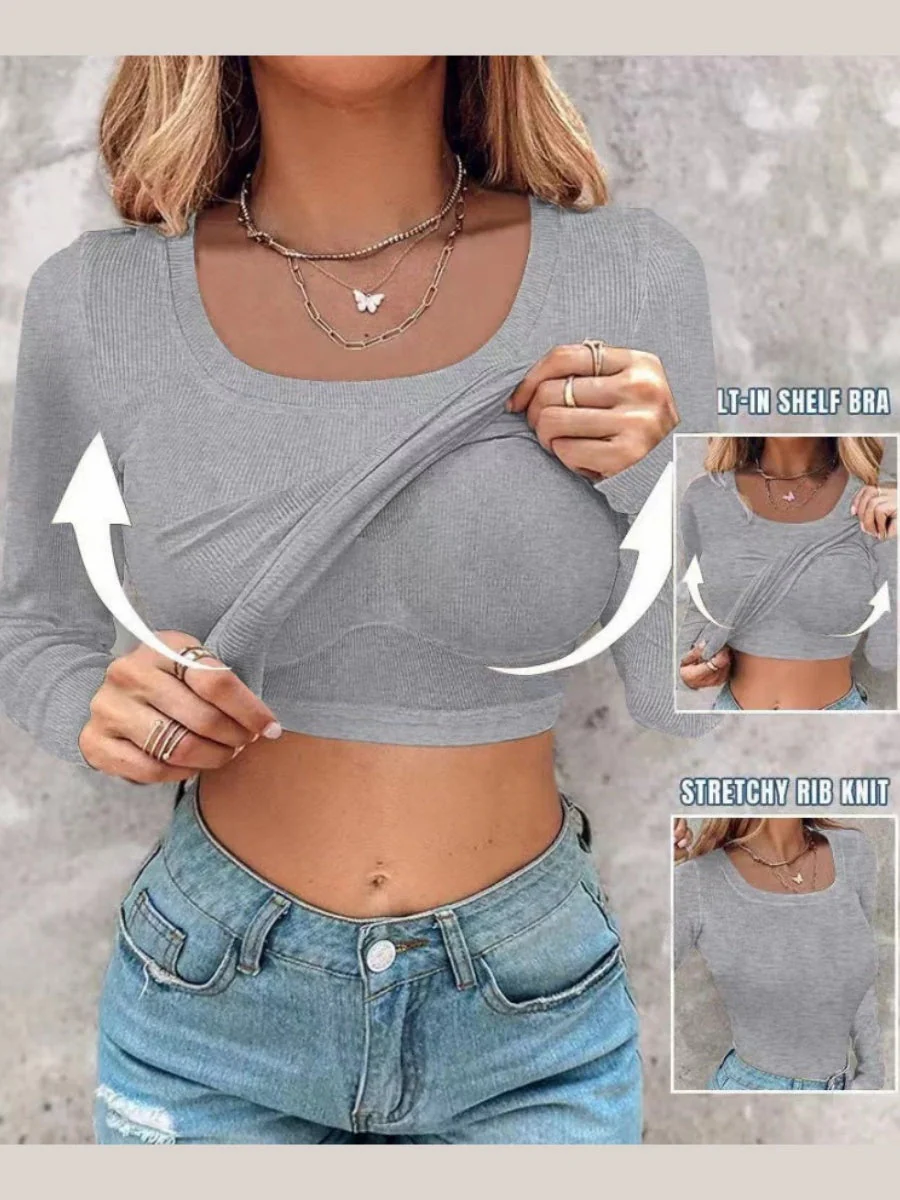With Bra U-neck Thread Solid Color Long Sleeve T-shirts - Image 10