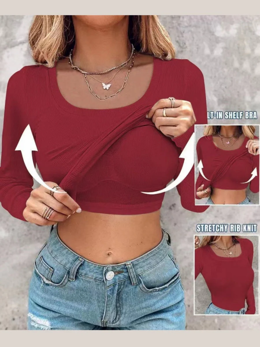 With Bra U-neck Thread Solid Color Long Sleeve T-shirts - Image 11