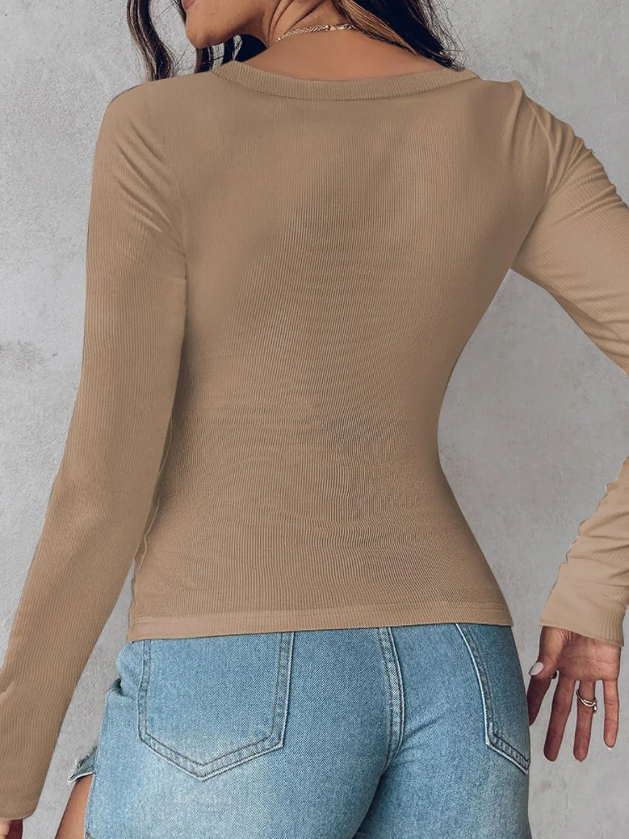 With Bra U-neck Thread Solid Color Long Sleeve T-shirts - Image 5