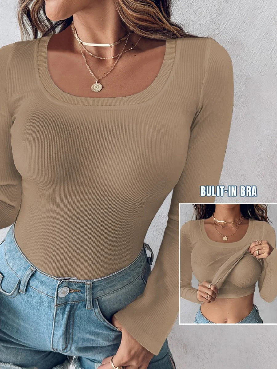 With Bra U-neck Thread Solid Color Long Sleeve T-shirts - Image 6