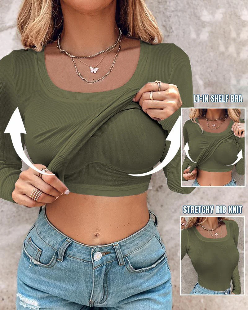With Bra U-neck Thread Solid Color Long Sleeve T-shirts - Image 7