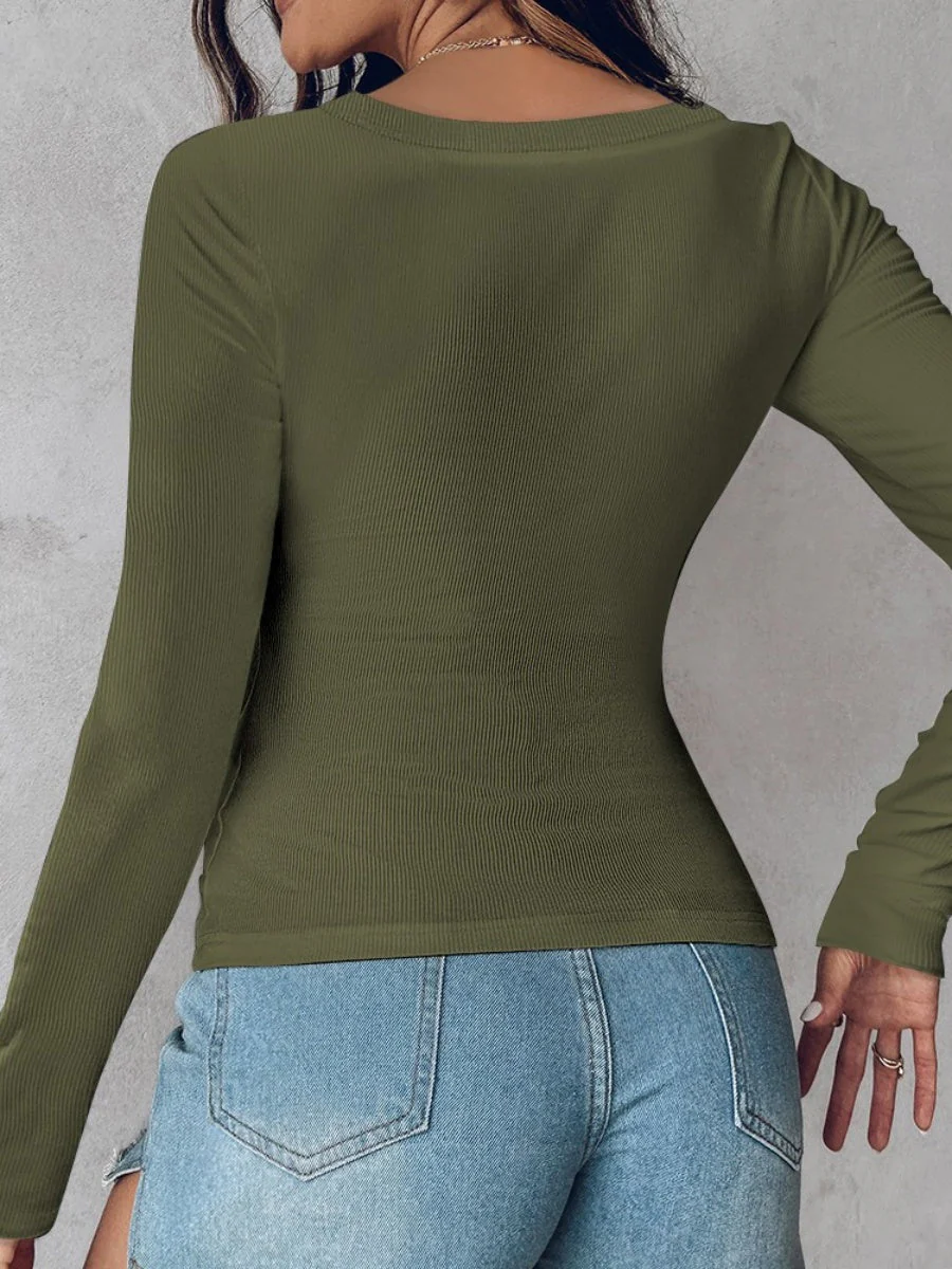 With Bra U-neck Thread Solid Color Long Sleeve T-shirts - Image 8