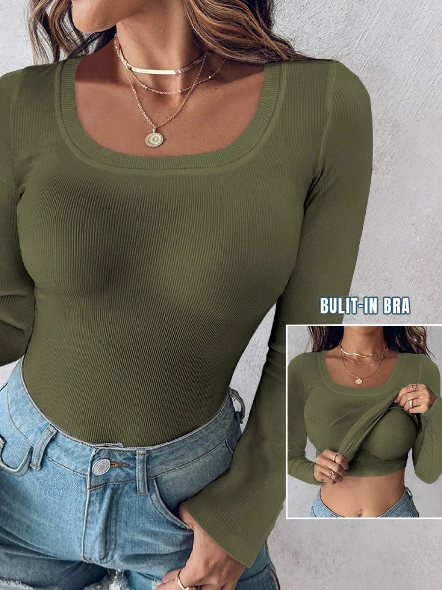 With Bra U-neck Thread Solid Color Long Sleeve T-shirts - Image 9