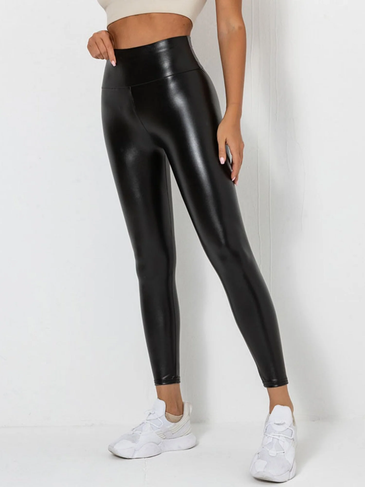 PU Glossy Patent Leather Cropped Pants Skinny Jeans Elastic Slim Fit Leather Pants - Image 3